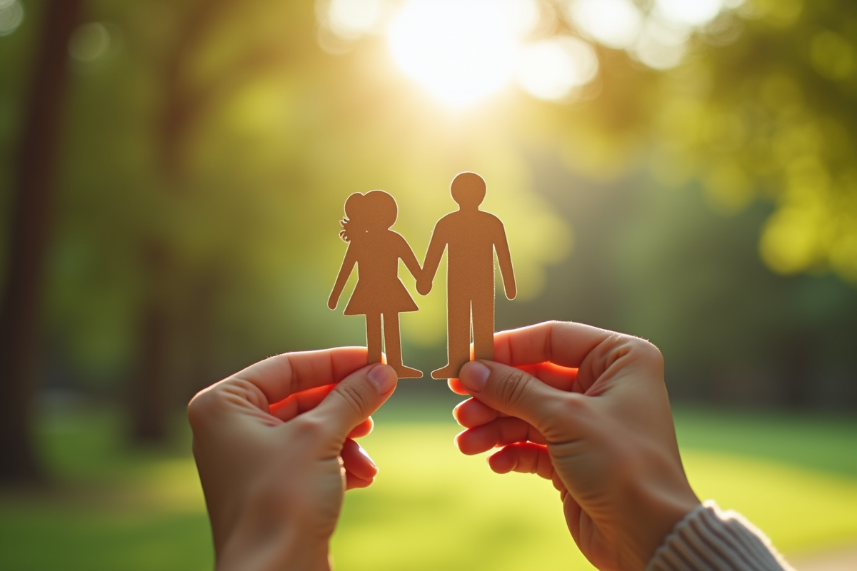 Mains tenant une silhouette de famille dans un parc ensoleille