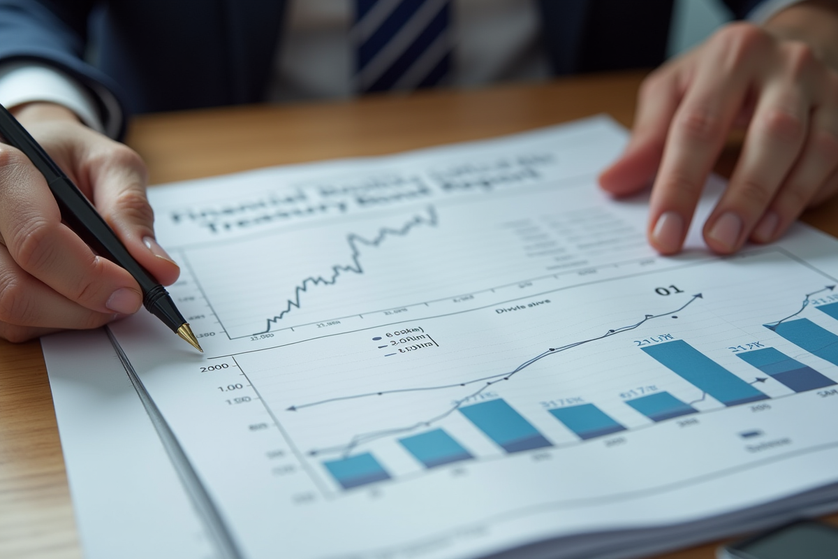 Mains tenant des rapports financiers et un stylo sur un bureau en bois