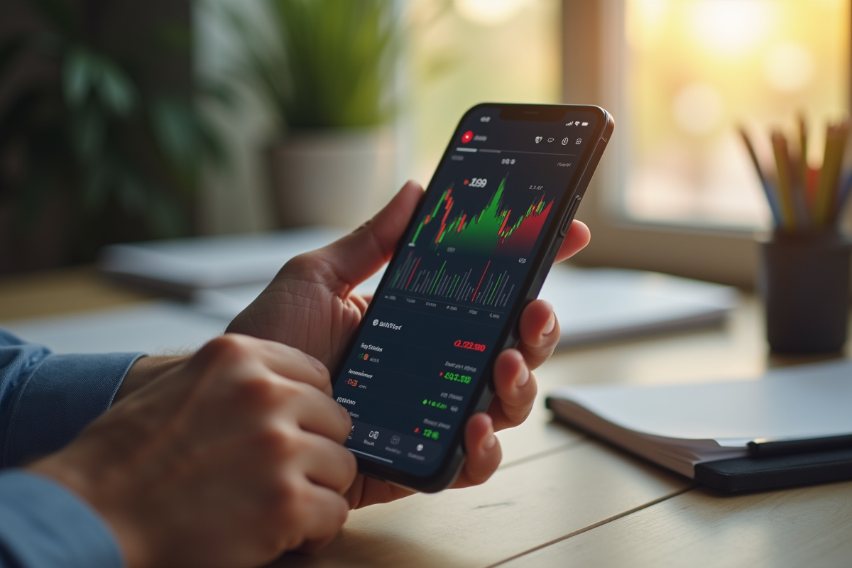 Mains tenant un smartphone avec application bancaire