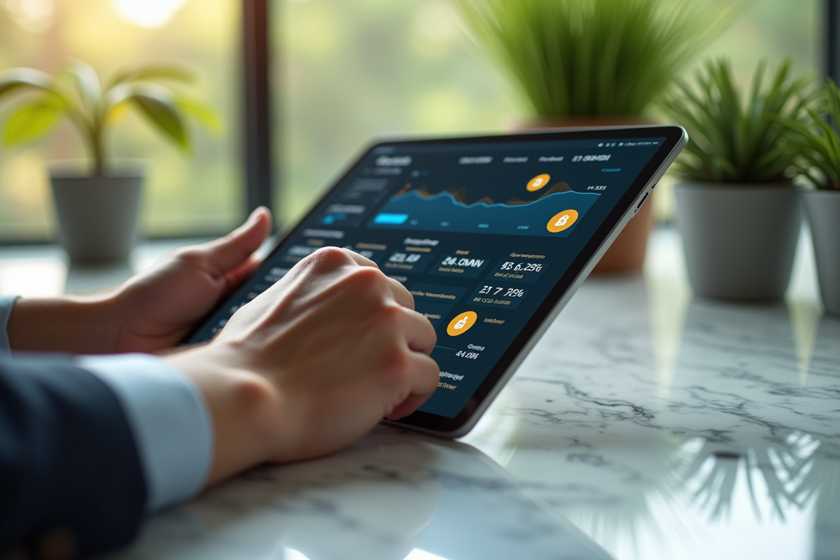 Mains tenant une tablette avec logos de crypto et données