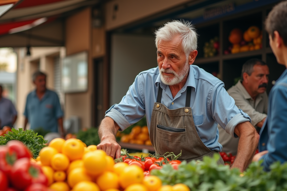 Senior vendant fruits et légumes au marché en matinée