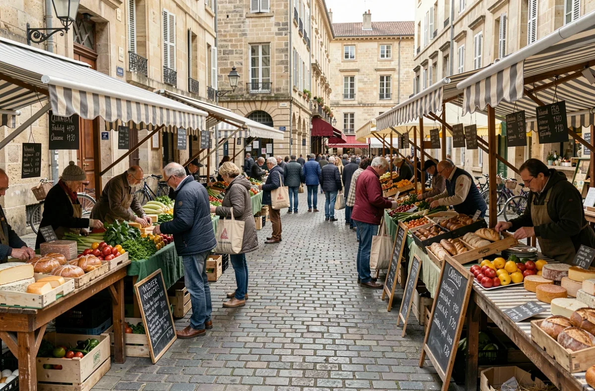 Marché en plein air en France avec étals de produits frais et affichage des prix, symbole de l'économie locale face à l'inflation 2026