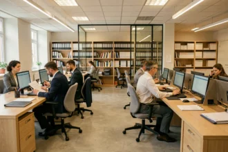 Vue grand angle d'un cabinet comptable moderne en Centre-Val de Loire avec des professionnels au travail