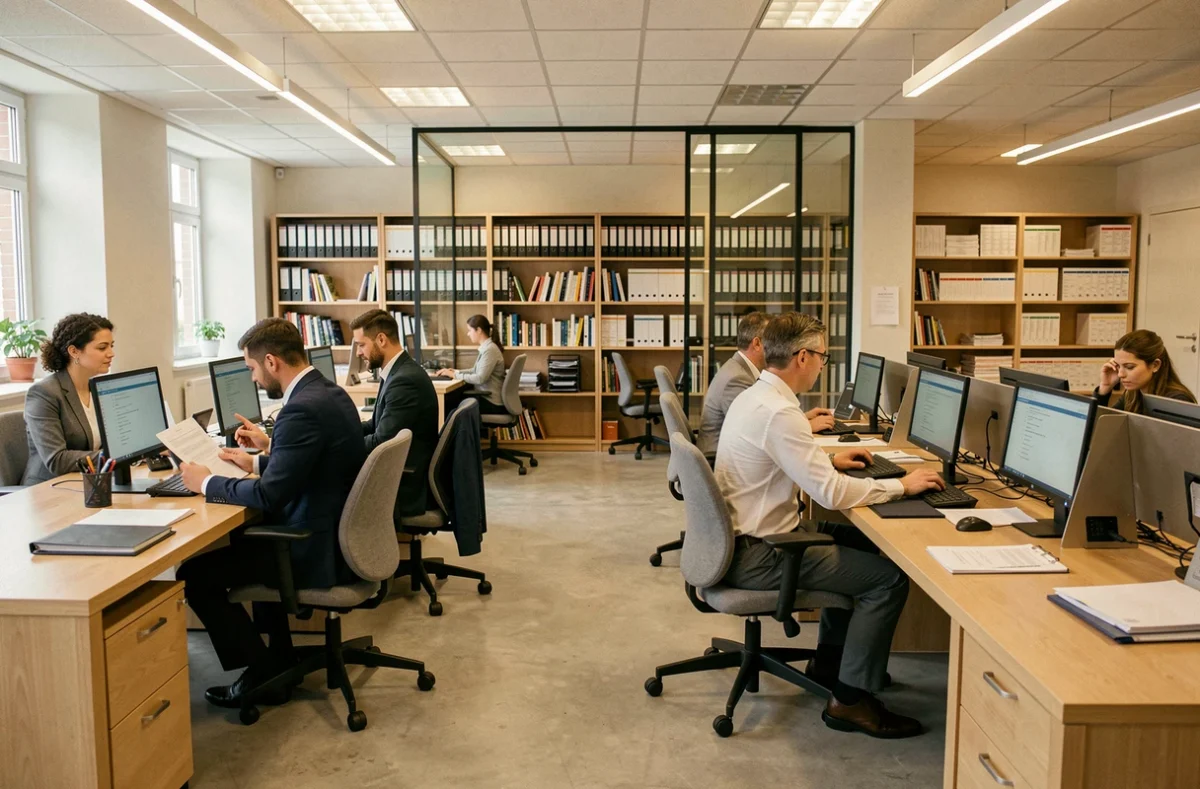 Vue grand angle d'un cabinet comptable moderne en Centre-Val de Loire avec des professionnels au travail
