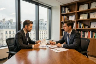 Deux conseillers en gestion de patrimoine discutant de stratégies financières dans un bureau moderne du nord de la France