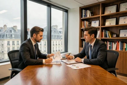 Deux conseillers en gestion de patrimoine discutant de stratégies financières dans un bureau moderne du nord de la France