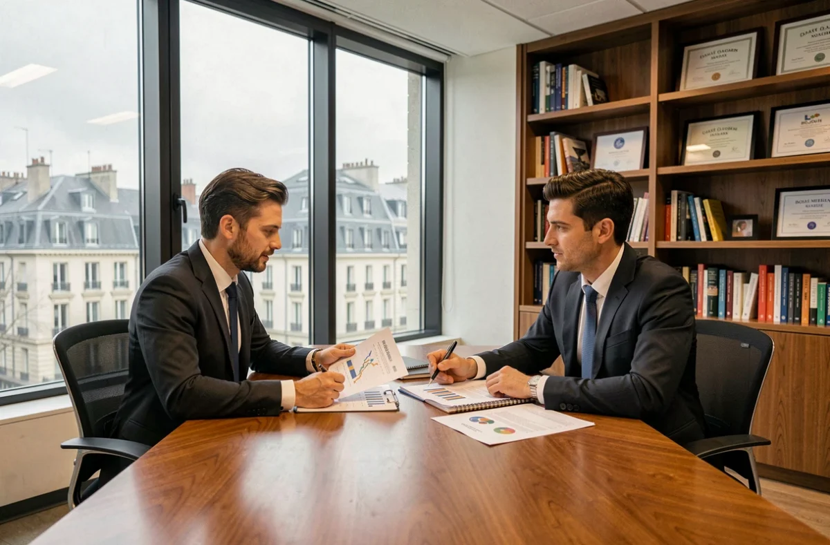 Deux conseillers en gestion de patrimoine discutant de stratégies financières dans un bureau moderne du nord de la France