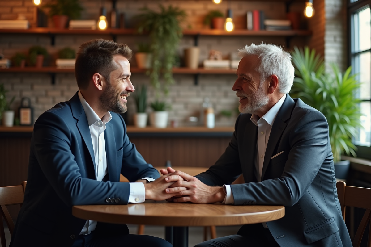 Deux hommes en costume discutent au café