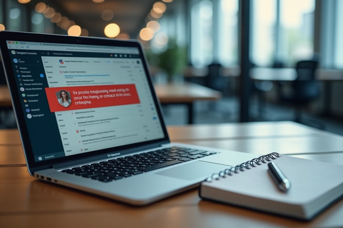 Ordinateur portable affichant un email d'avertissement avec un carnet de notes manuscrites sur un bureau de bureau, illustrant les bonnes pratiques face aux arnaques par mail Cetelem