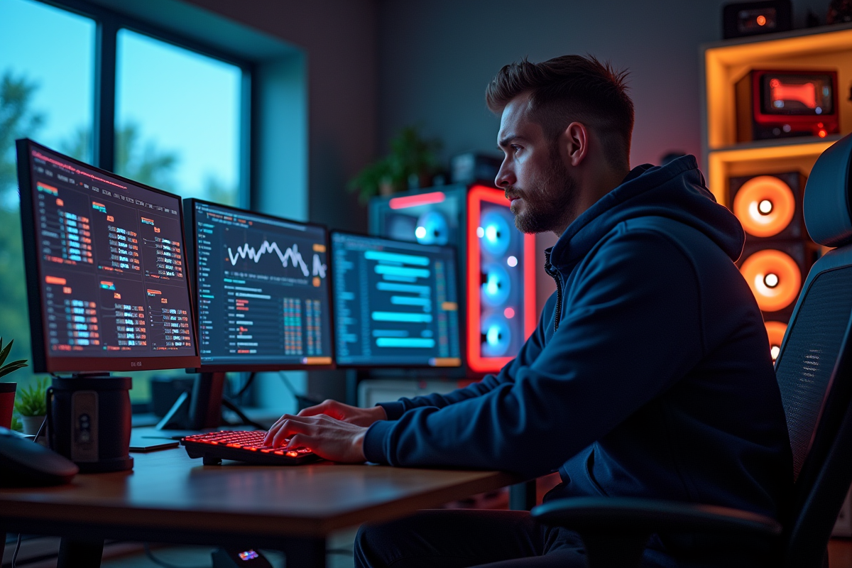 Homme travaillant sur un bureau avec matériel de minage bitcoin
