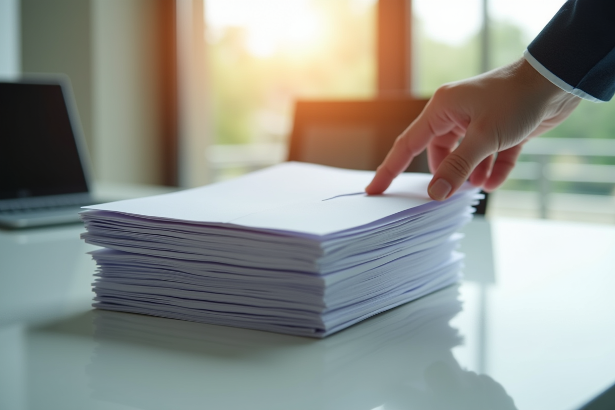 Enveloppes de paie empilees sur un bureau lumineux