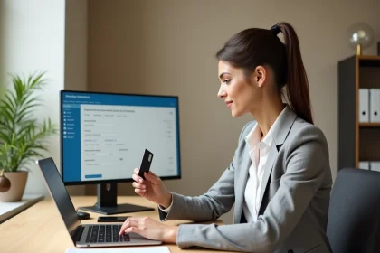 Femme professionnelle effectuant un paiement en ligne sur le site de l'URSSAF avec une carte bancaire sur un ordinateur portable
