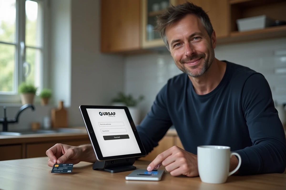 Homme effectuant un paiement URSSAF en ligne par carte bancaire sur une tablette depuis son domicile