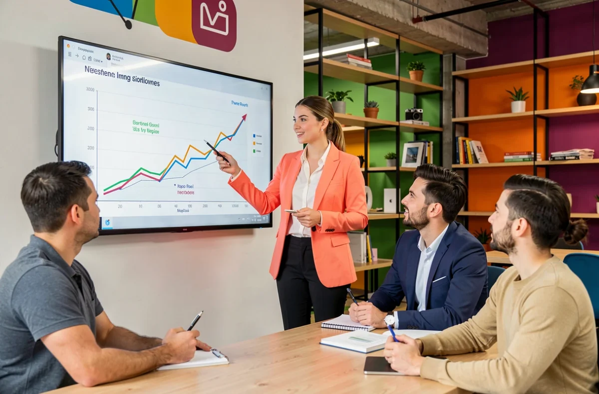 Conseillère de Peps Invest présentant une stratégie d'investissement dynamique à des clients dans un espace moderne et coloré