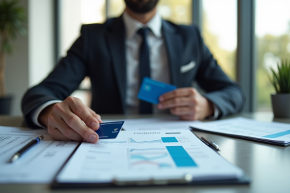 Personne élégante avec carte Amex et documents financiers