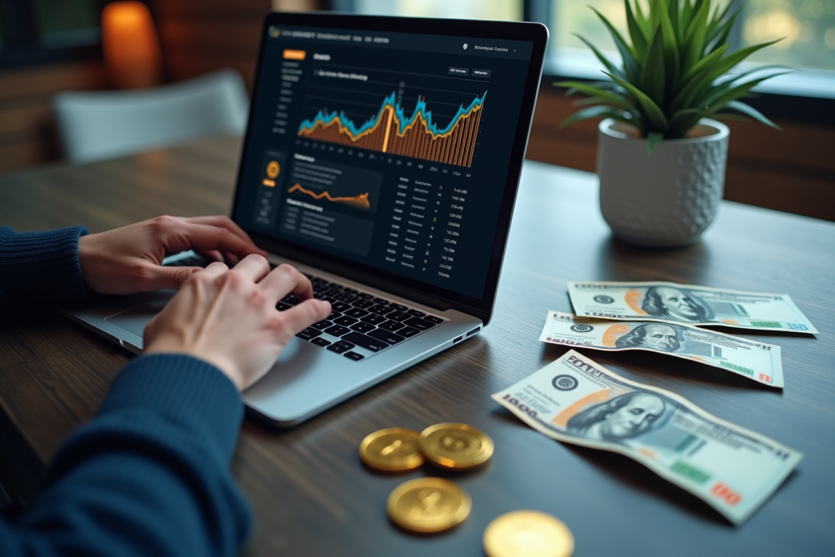 Mains tapant sur un ordinateur portable avec des pièces de crypto