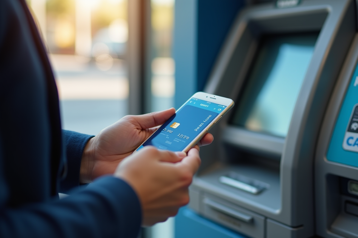 Personne tenant un smartphone avec une carte virtuelle près d'un ATM