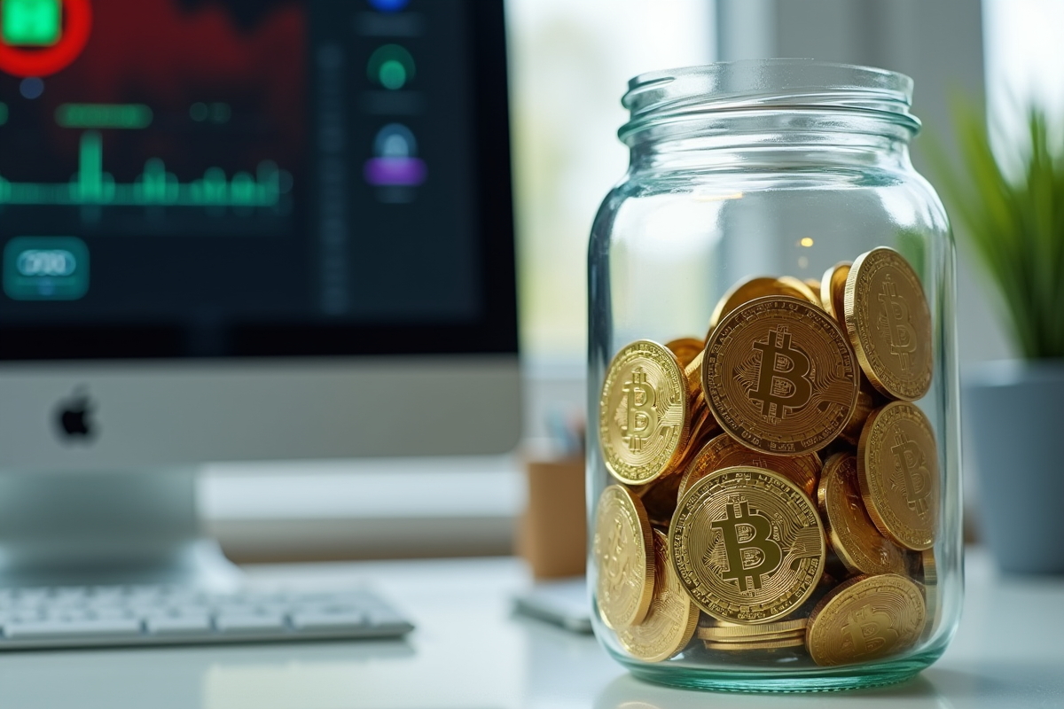 Pièce de cryptomonnaie en or sur un bureau lumineux avec écran flou