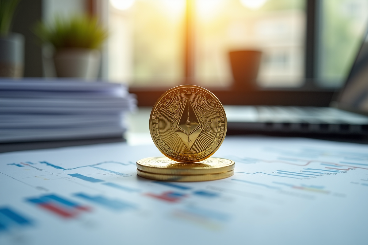 Pièce Ethereum en or sur documents financiers
