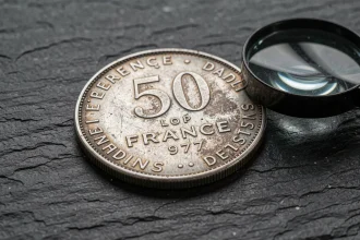 Pièce de 50 francs argent 1977 en gros plan sur ardoise avec loupe de numismate