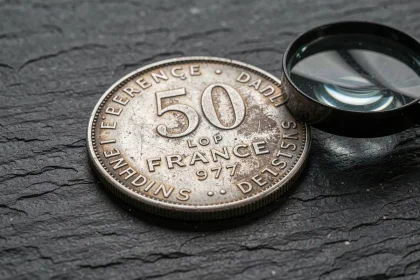 Pièce de 50 francs argent 1977 en gros plan sur ardoise avec loupe de numismate