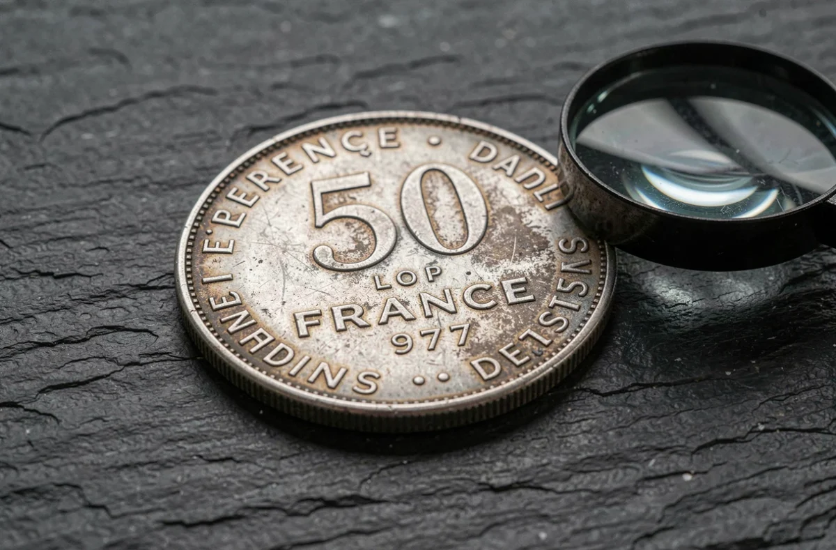 Pièce de 50 francs argent 1977 en gros plan sur ardoise avec loupe de numismate