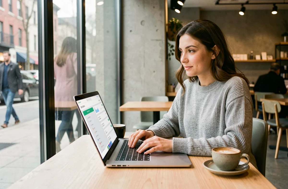 Femme utilisant une plateforme de prêt DeFi sur son ordinateur portable dans un café urbain