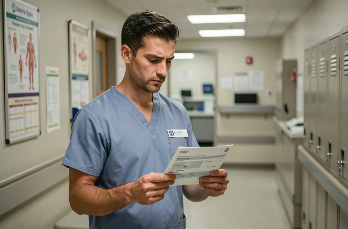 Infirmier de la fonction publique hospitalière examinant une fiche de paie concernant la prime carburant 2026