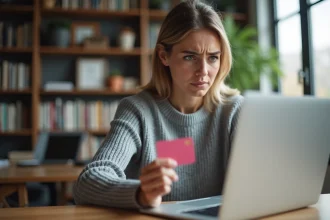 Femme frustrée tenant une carte-cadeau devant un ordinateur portable, tentant de résoudre un problème de code non fonctionnel