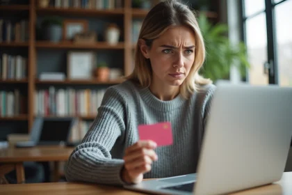 Femme frustrée tenant une carte-cadeau devant un ordinateur portable, tentant de résoudre un problème de code non fonctionnel