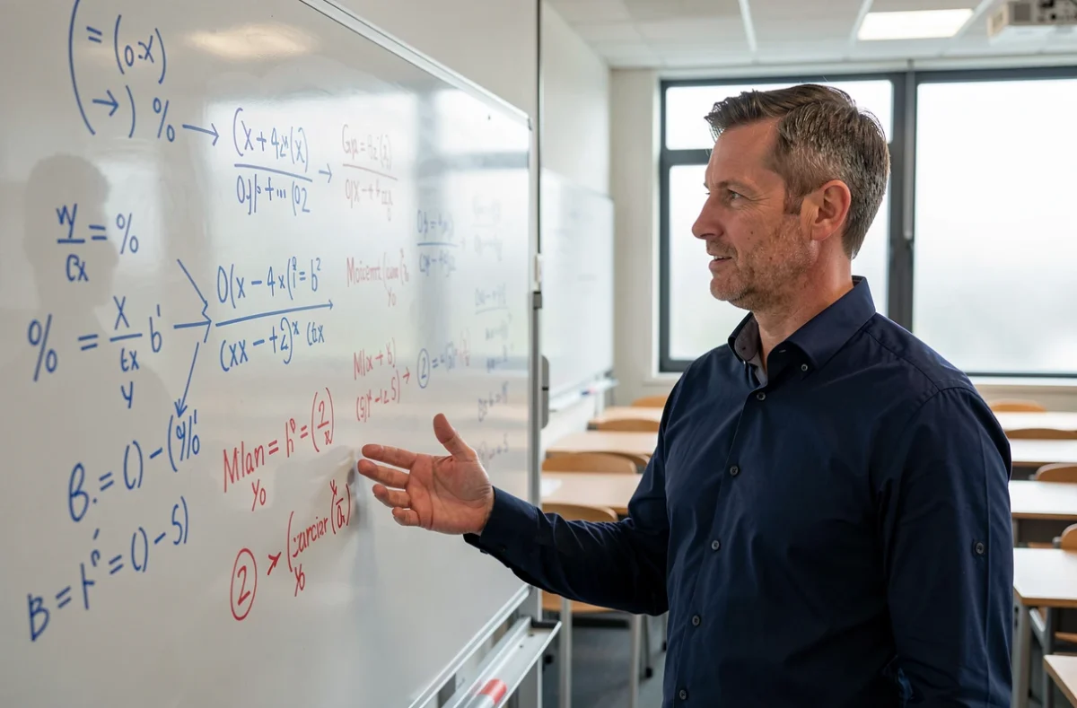 Professeur de mathématiques expliquant la conversion entre taux d'évolution et coefficient multiplicateur au tableau blanc