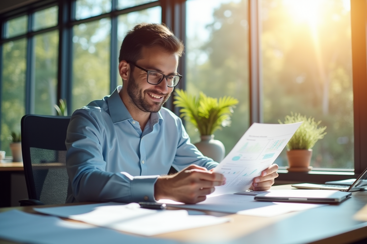Professionnel confiant examinant des documents financiers en bureau lumineux