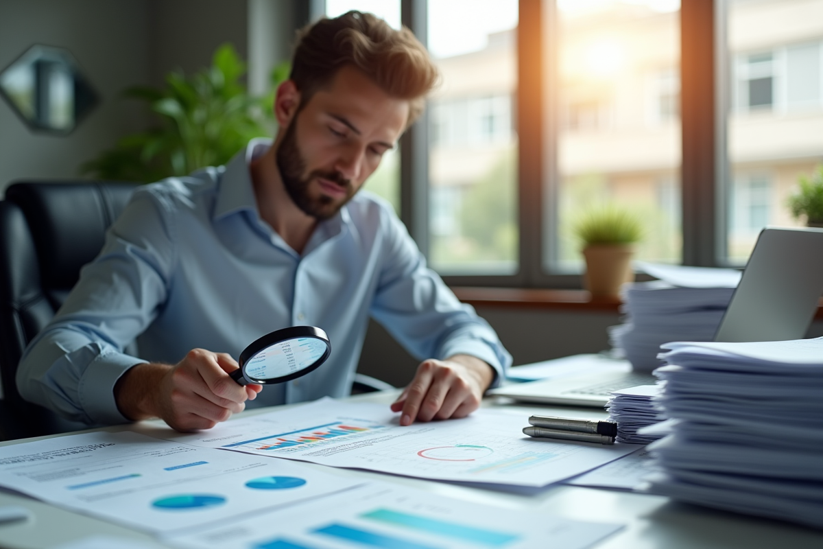 Professionnel dans un bureau moderne avec documents et graphiques