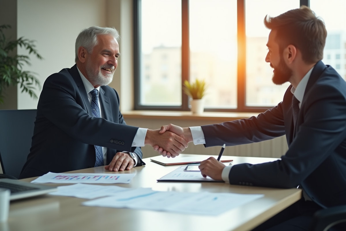 Professionnel senior serrant la main d'un conseiller financier dans un bureau lumineux