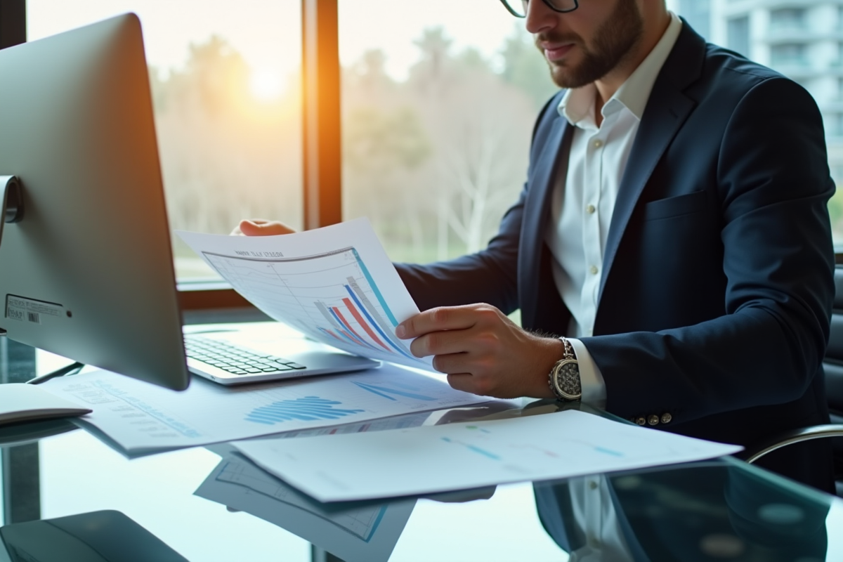 Professionnel d affaires examinant des documents financiers et graphiques