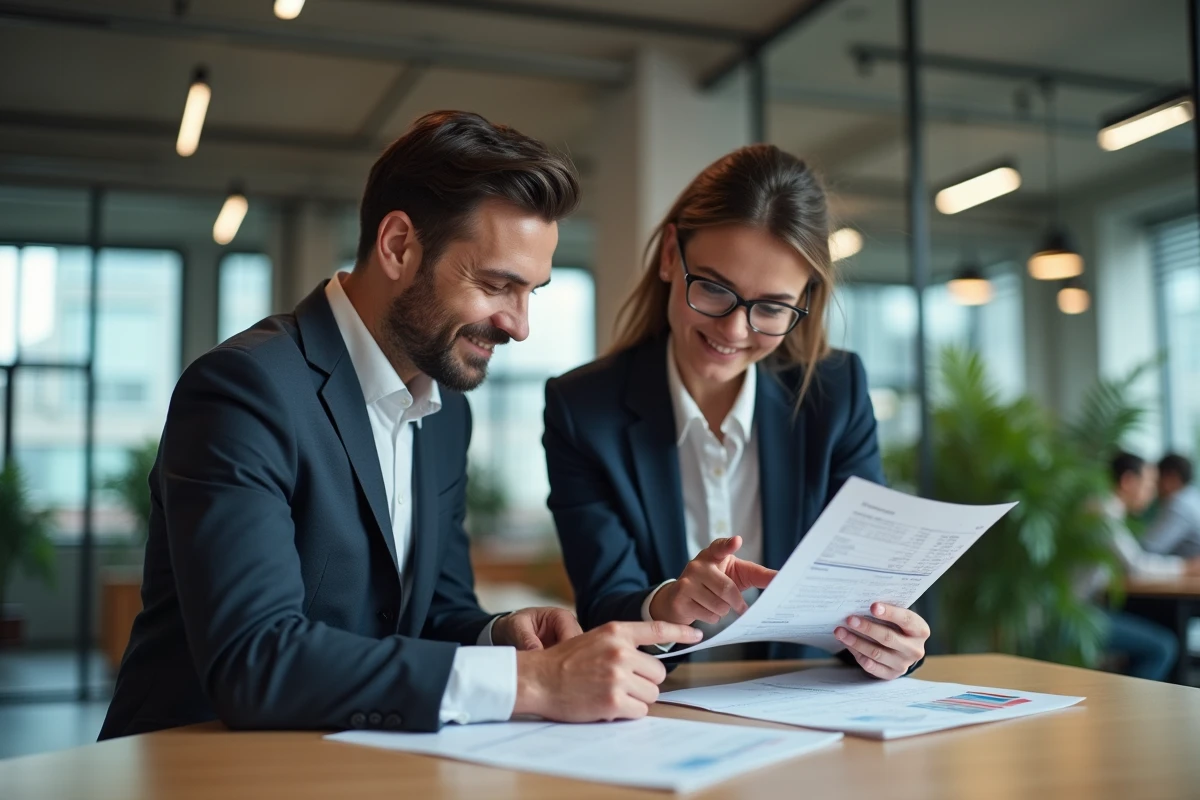 Deux professionnels analysant des documents financiers offshore dans un espace de coworking moderne pour ouvrir un compte bancaire à l'étranger