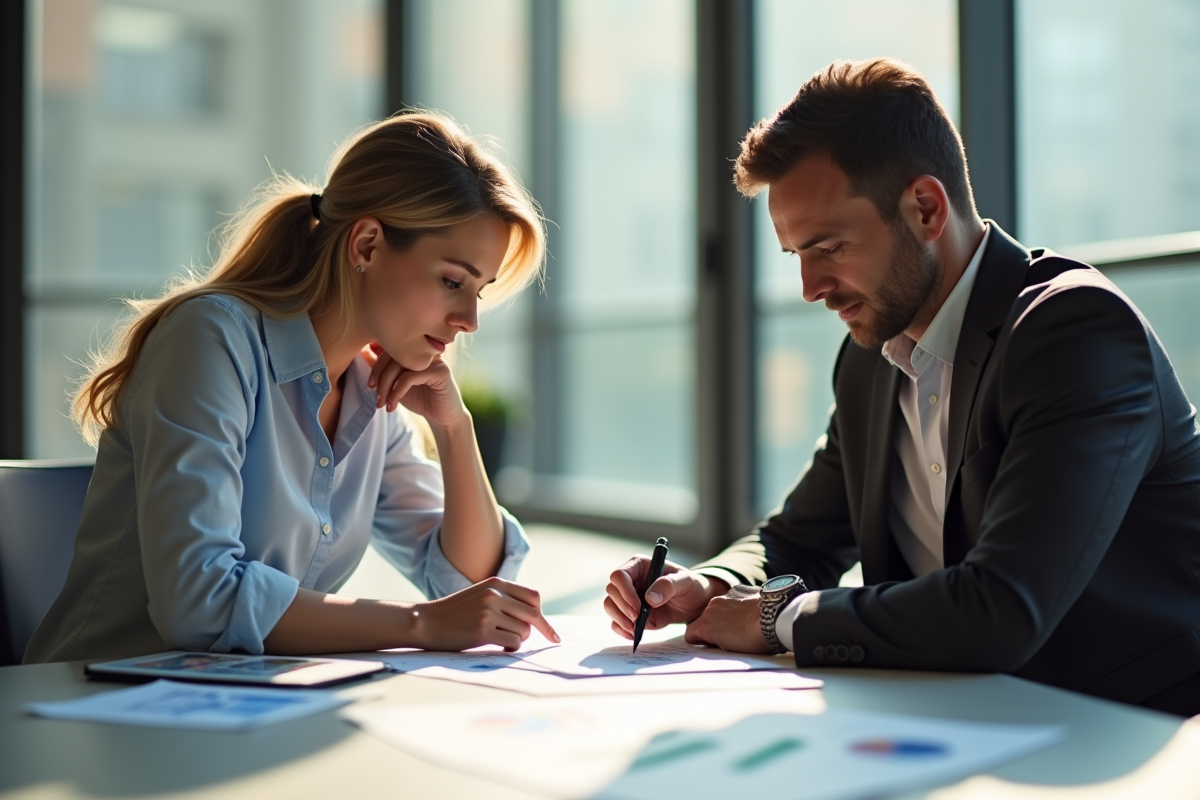 Professionnels analysant des documents financiers dans un bureau lumineux