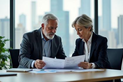 Deux professionnels âgés analysant des documents de pension