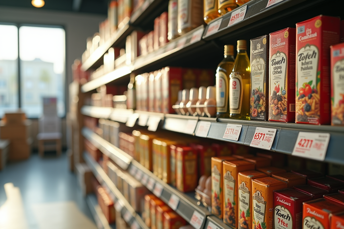 Rayons de supermarché avec produits essentiels et étiquettes de prix