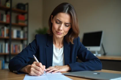 Femme remplissant un formulaire de réclamation à La Banque Postale depuis son bureau à domicile