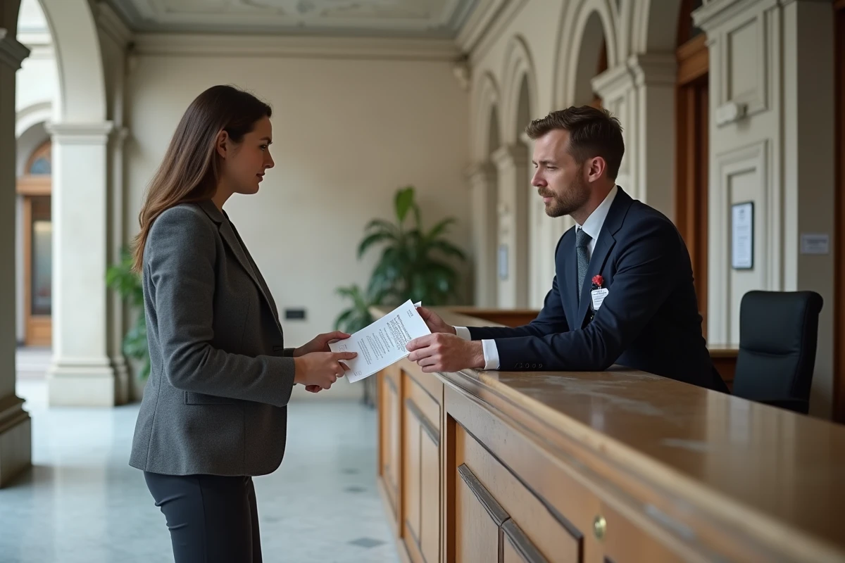 Femme remettant un avis d'amende à un greffier dans un palais de justice, illustrant la procédure d'amende forfaitaire