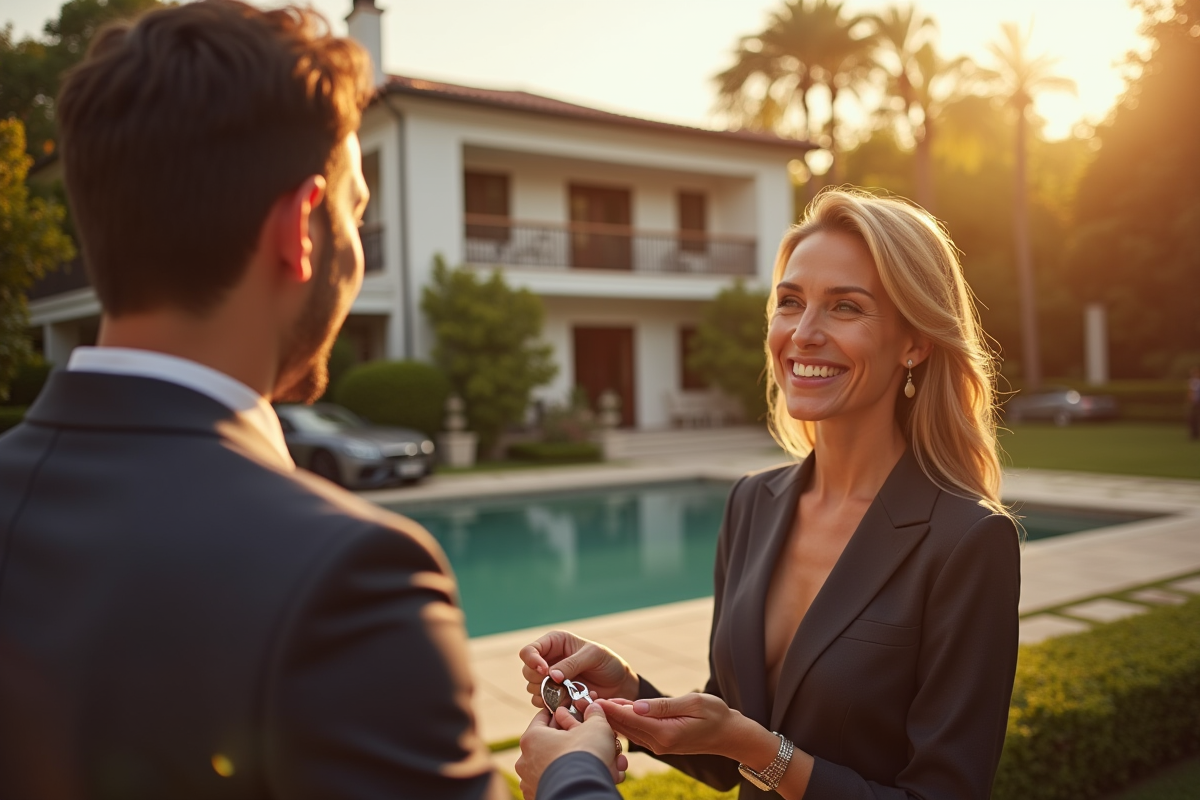 Remise de clés à des clients devant une villa élégante en fin de journée