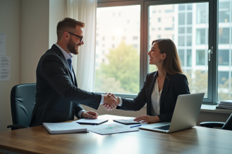 Professionnels en affaires serrant la main dans un bureau lumineux