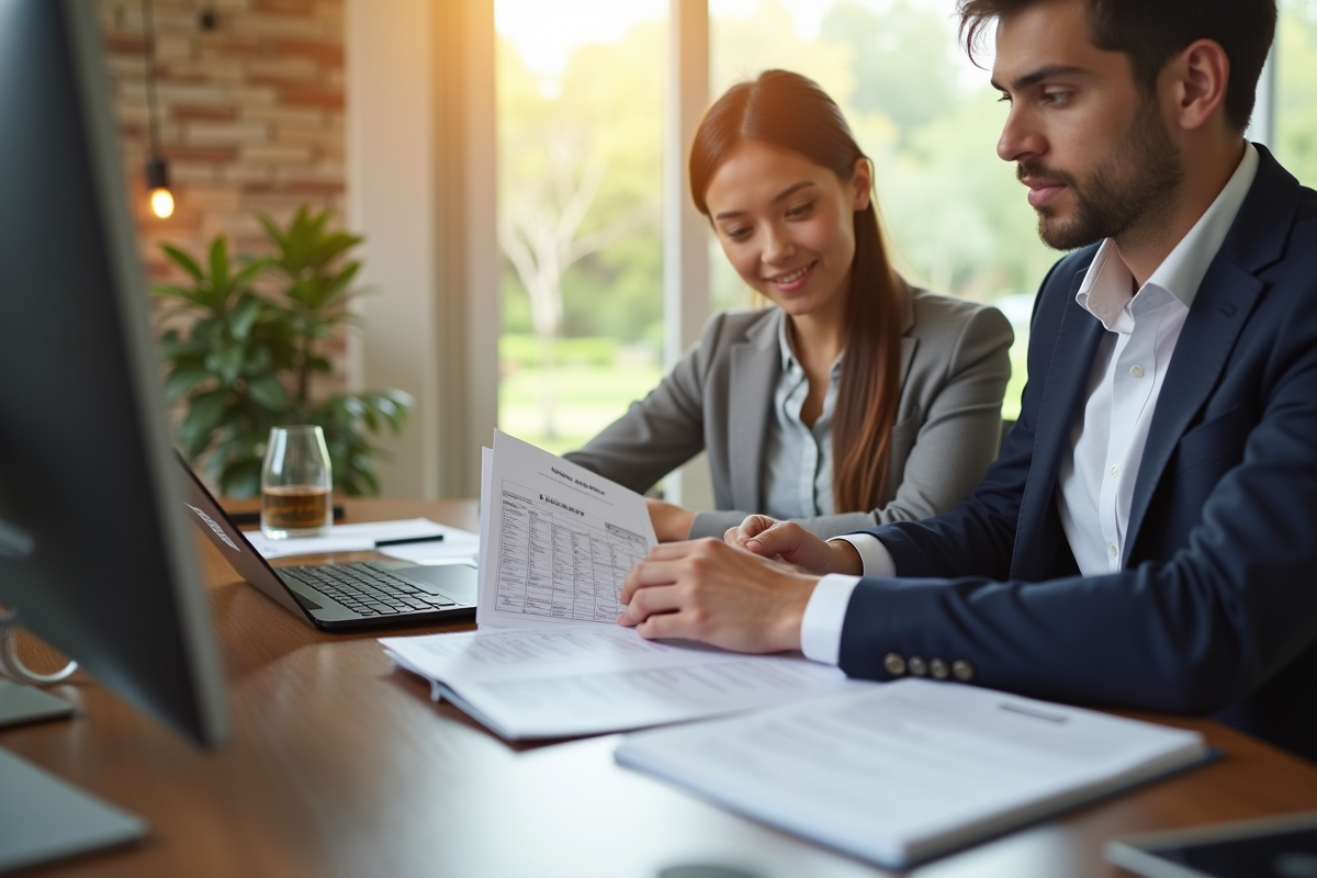Jeune adulte discutant avec un banquier dans une banque lumineuse