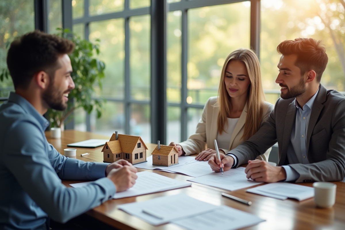 Jeune couple avec conseiller immobilier discutant d'un contrat