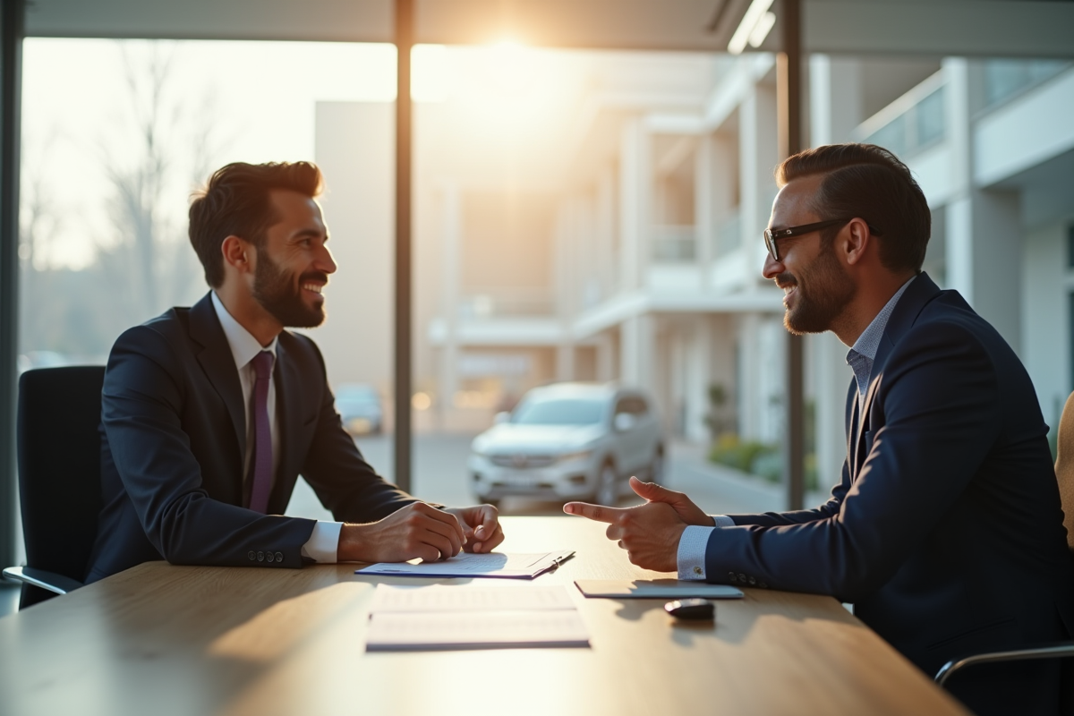 Professionnel rencontrant un agent de concessionnaire automobile dans un bureau lumineux