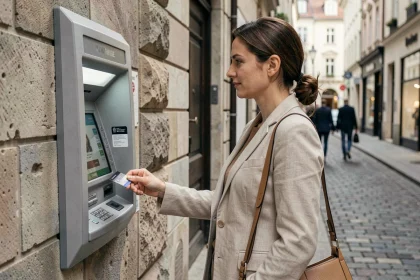 Femme retirant de l'argent à un distributeur automatique en ville pour éviter les frais bancaires