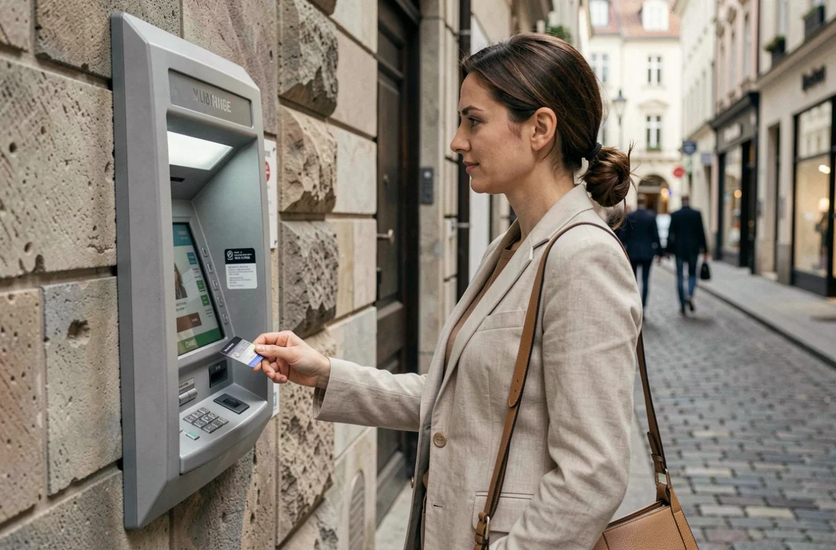Femme retirant de l'argent à un distributeur automatique en ville pour éviter les frais bancaires