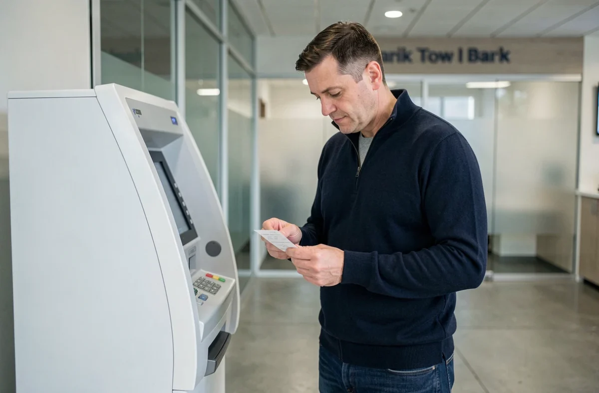Homme consultant un reçu de distributeur automatique à l'intérieur d'une agence bancaire