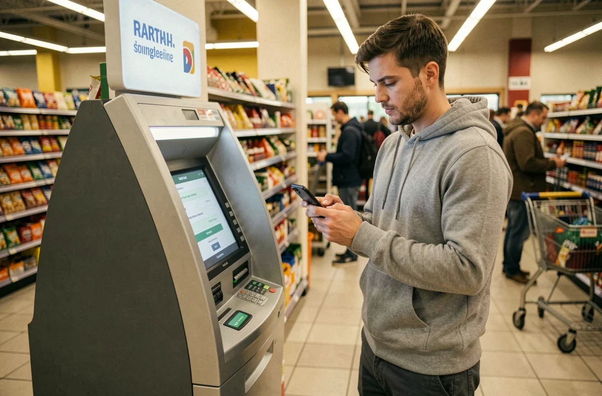 Jeune homme comparant les options de retrait sur smartphone à côté d'un distributeur en supermarché